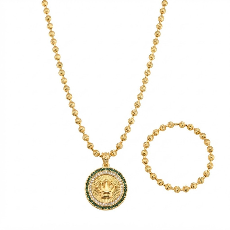 Cadena Militar 60 cm + Dije Corona Rolex + Pulsera Oro Laminado 18K