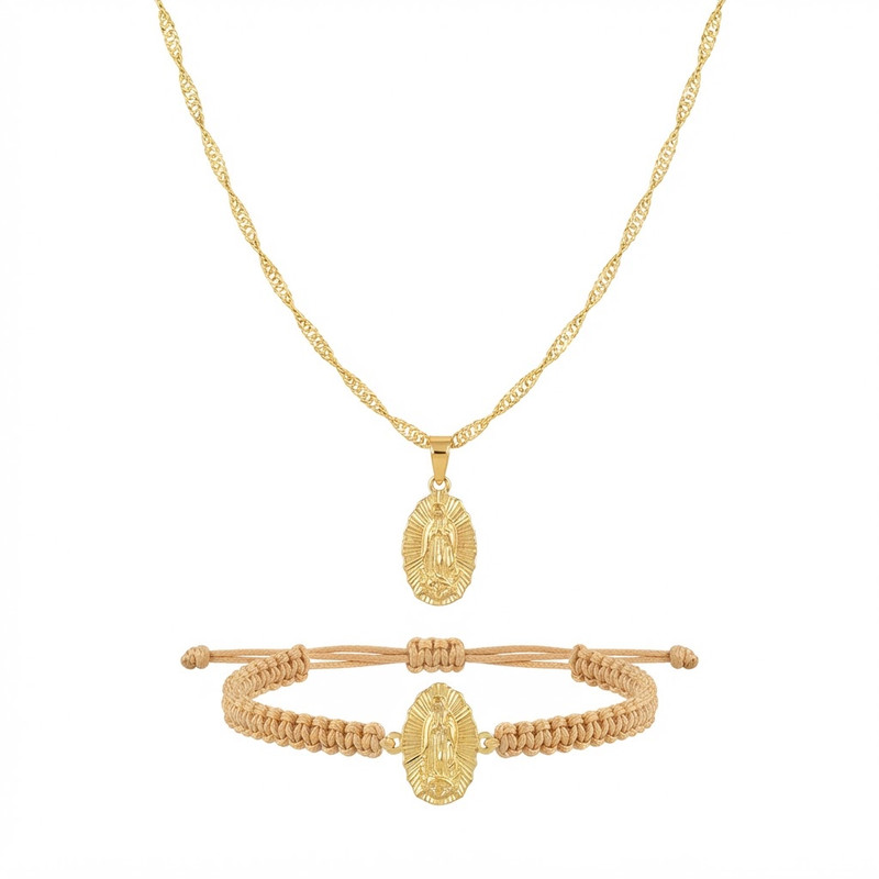 Cadena Singapur 45 cm + Dije Virgen de Guadalupe + Pulsera Oro Laminado 18K