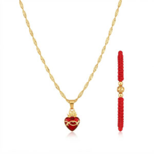 Conjunto Sagrado Corazón de Jesús – Cadena Singapur + Pulsera Hilo Rojo Oro Laminado 18K