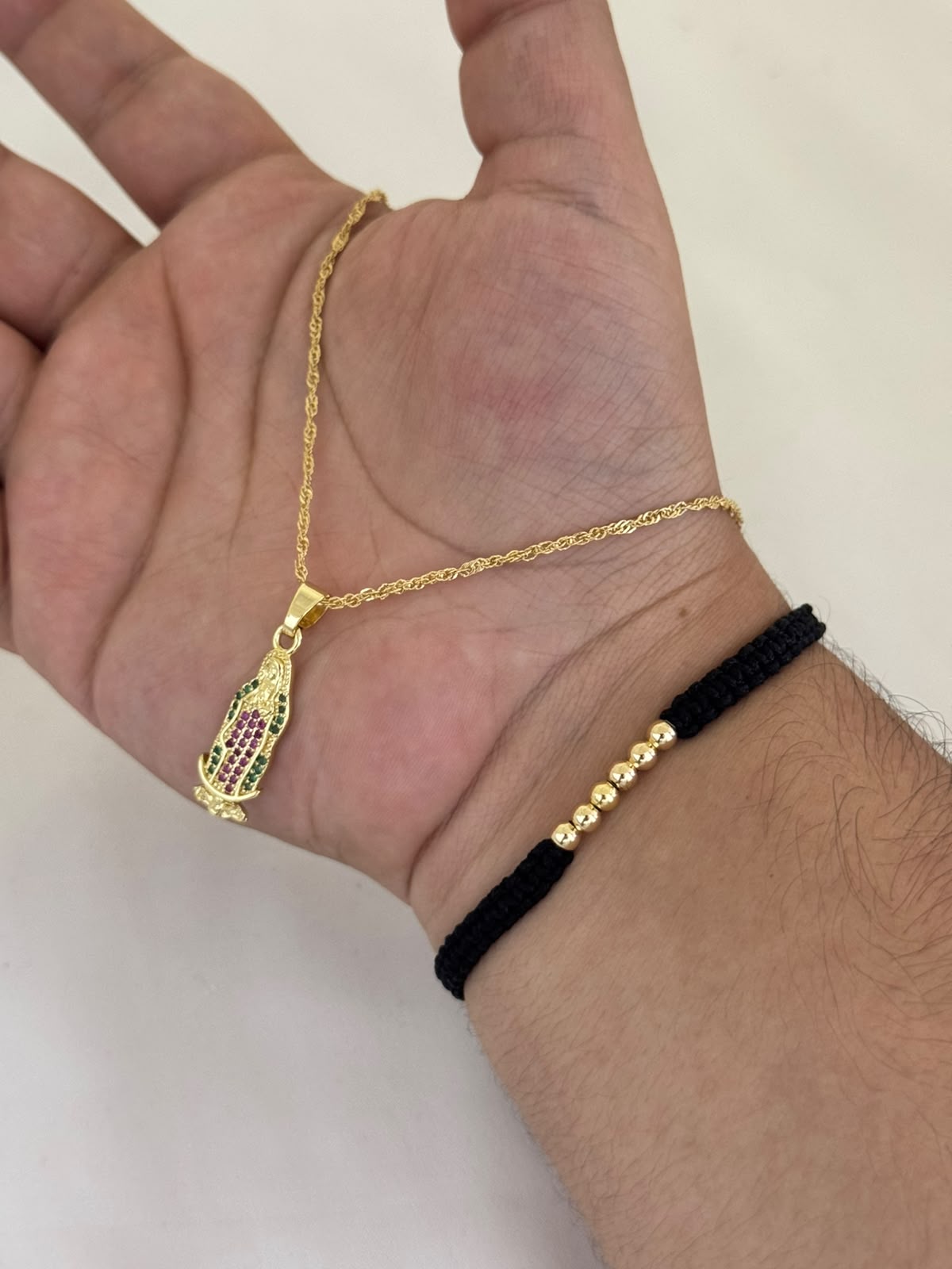 Cadena Singapur 45 cm + Dije Virgen de Guadalupe + Pulsera Balines Oro Laminado 18K - Imagen 2
