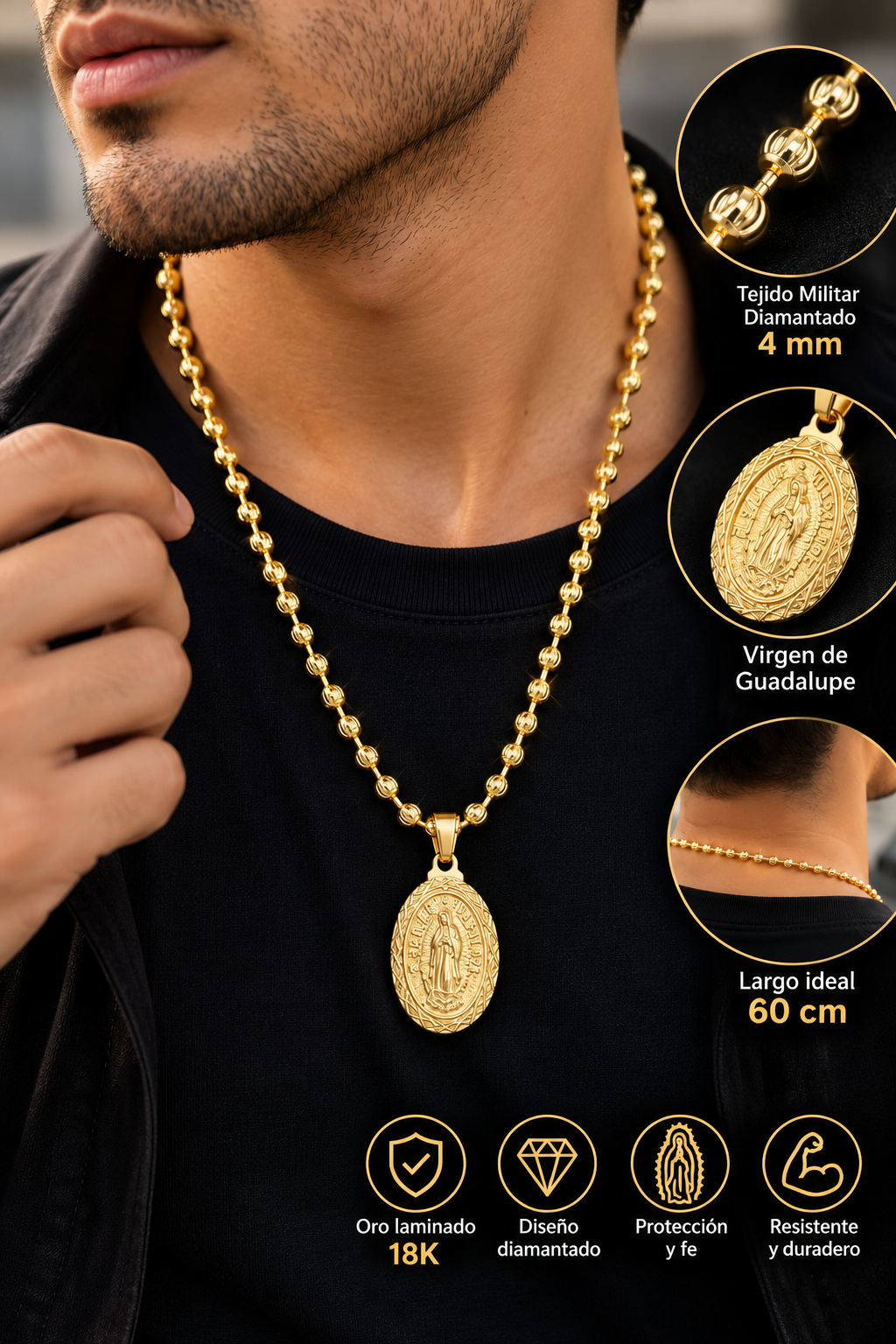 Cadena Militar Diamantada Hombre 60 cm + Dije Virgen de Guadalupe Oro Laminado 18K - Imagen 2