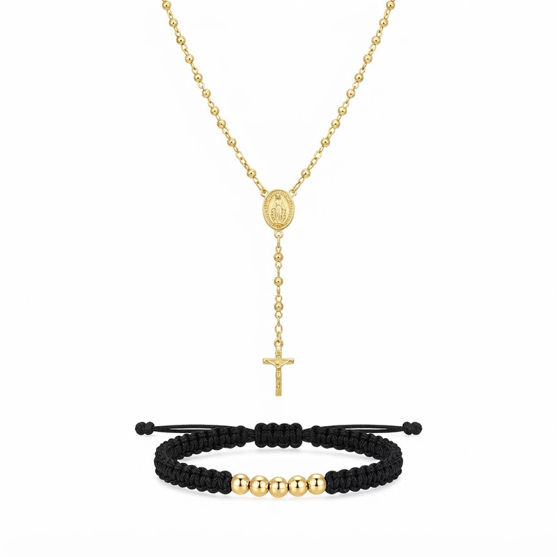 Camándula Dama Balín 3.5 mm + Pulsera Virgen Milagrosa Oro Laminado 18K